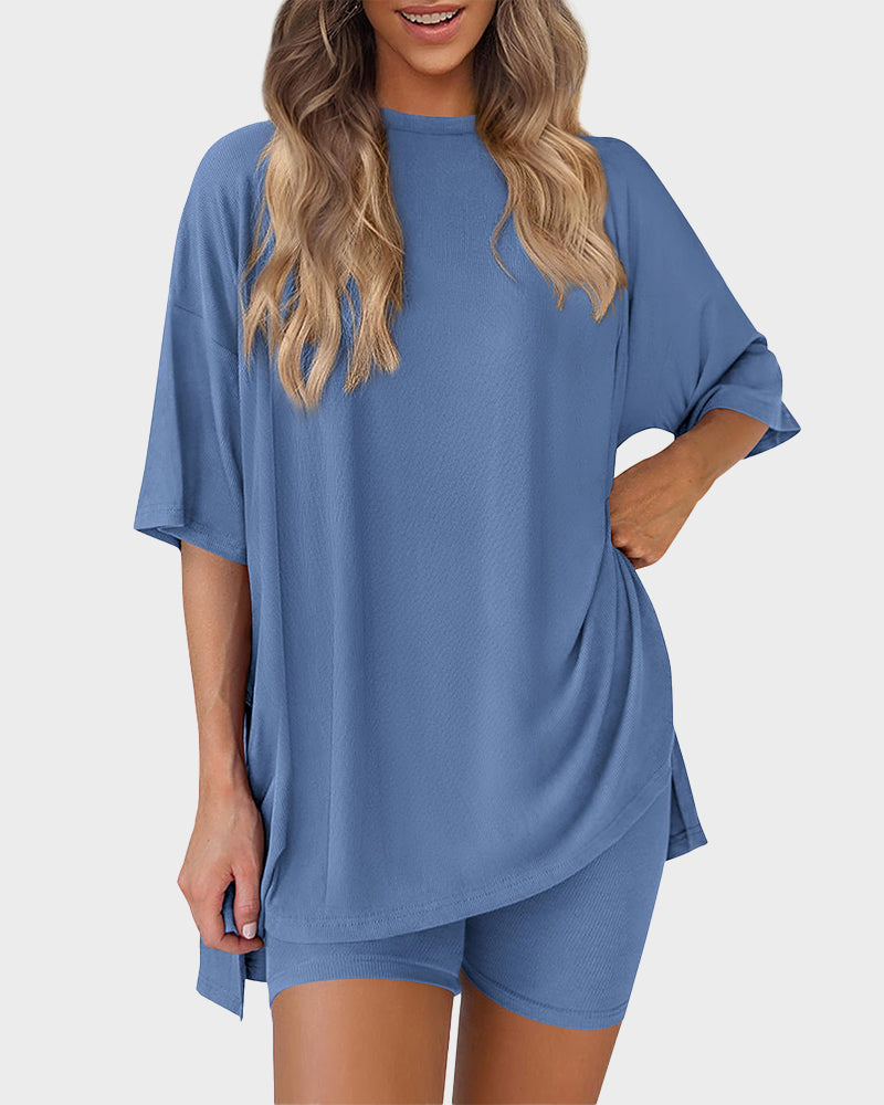 Casual Oversized 2-Piece Lounge Set with Crewneck & Split Hem
