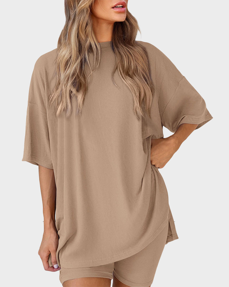 Casual Oversized 2-Piece Lounge Set with Crewneck & Split Hem
