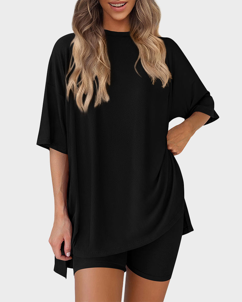 Casual Oversized 2-Piece Lounge Set with Crewneck & Split Hem