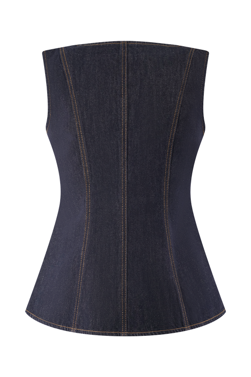 Ava | Chic Denim Two Piece Set With Sleeveless Corset Top & Tailored Pants