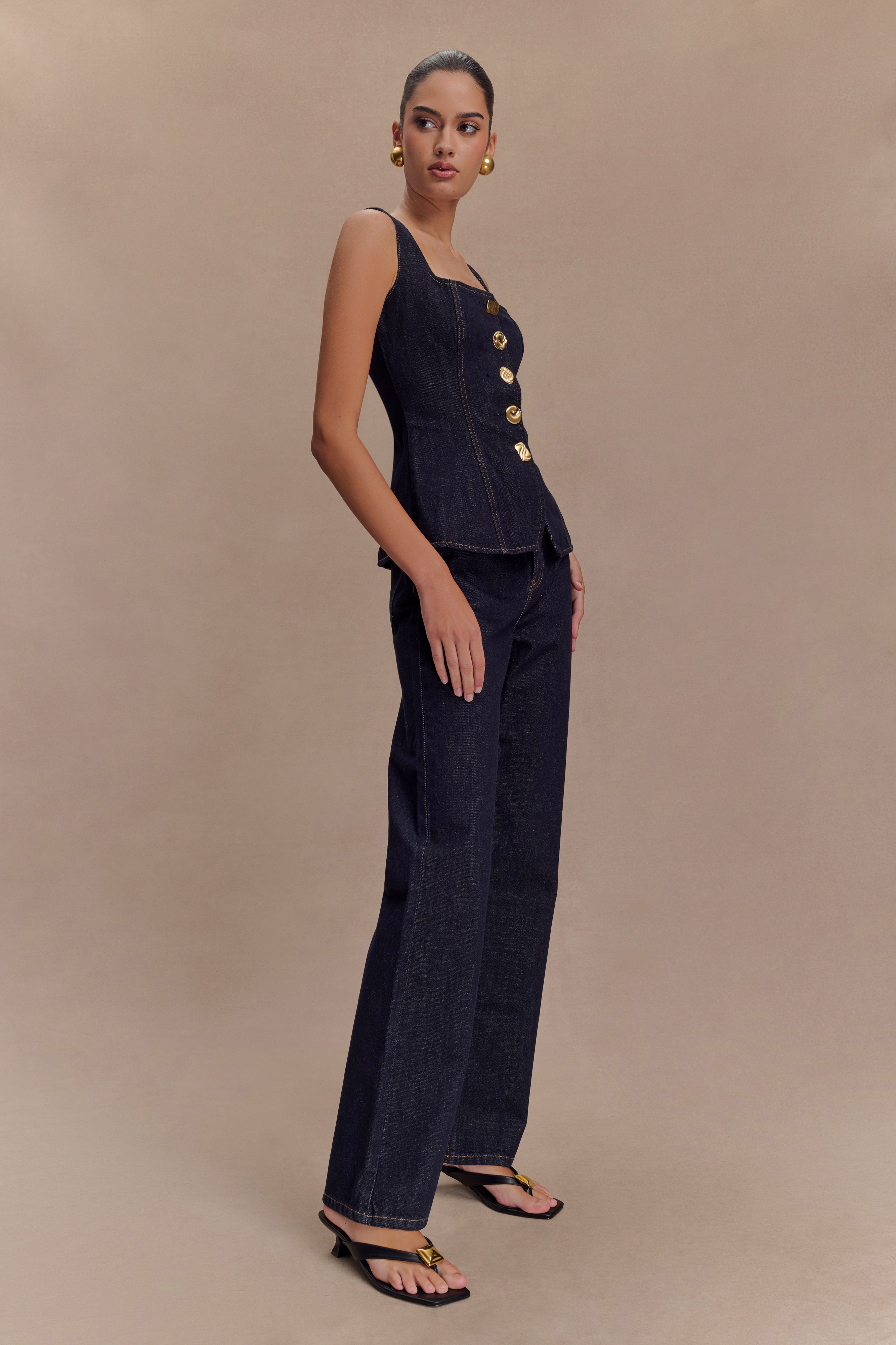 Ava | Chic Denim Two Piece Set With Sleeveless Corset Top & Tailored Pants