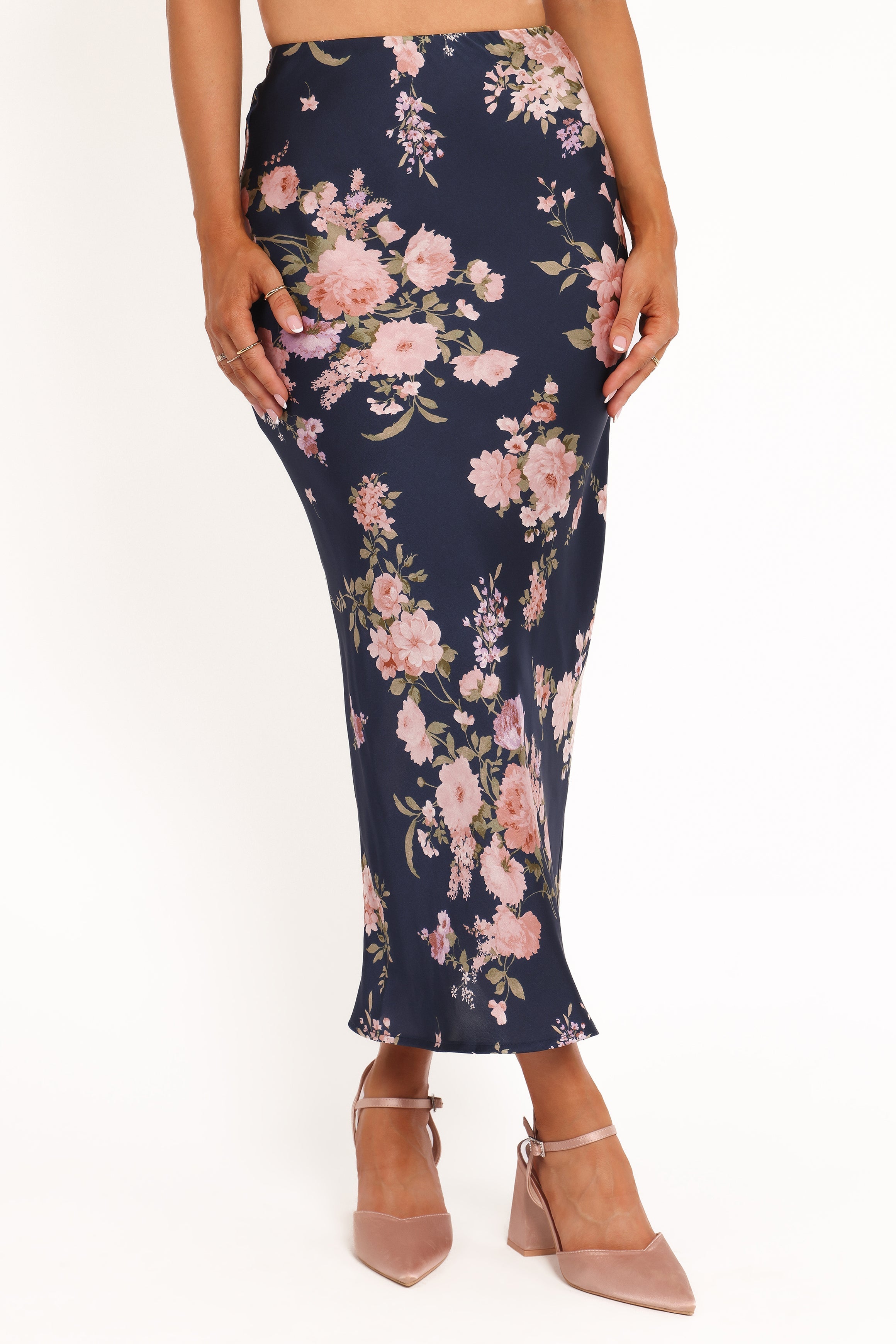 Ava | Chic Navy Floral Satin Midi Skirt for Women