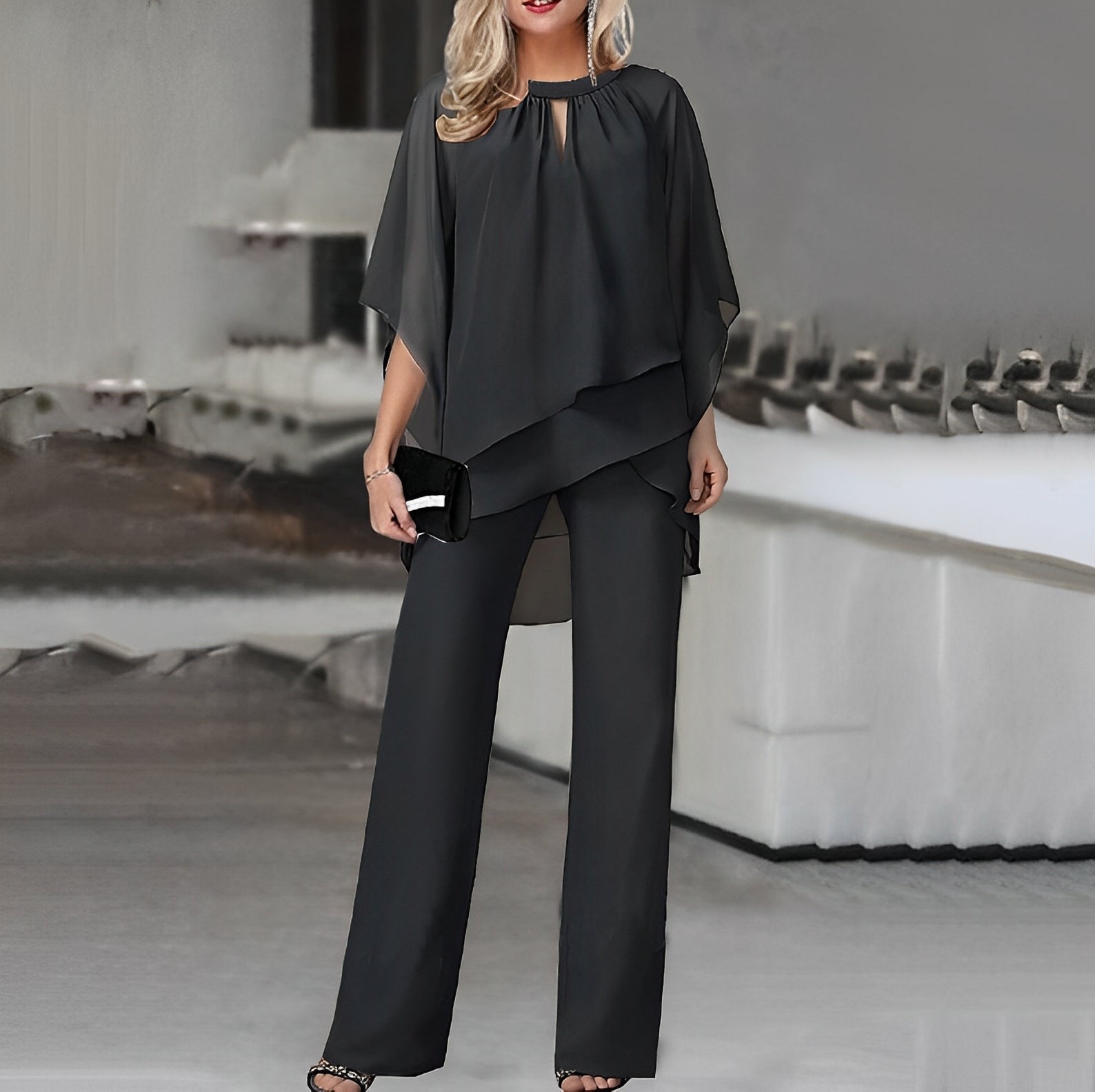 Ava | Elegant Flowing Cape Top and Wide-Leg Pants Two Piece Set