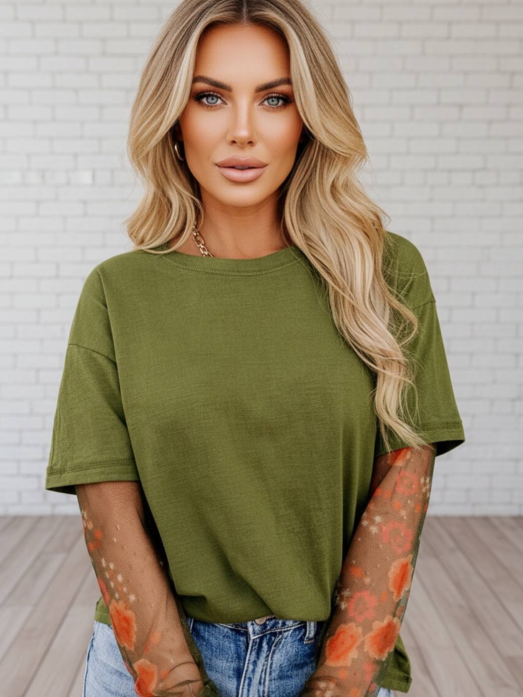 Emily | Elegant Floral Mesh Sleeve Womens Top for Going Out
