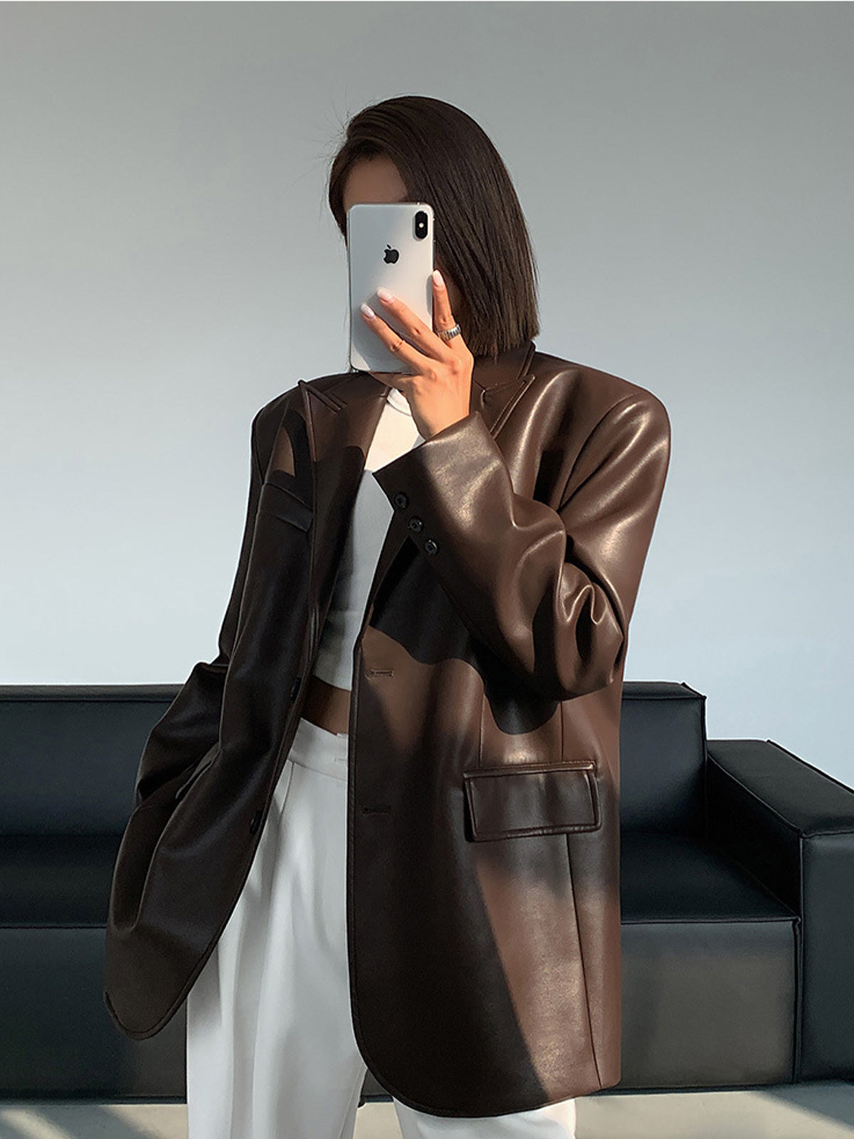 Emma | Classic Long Sleeve Faux Leather Jacket