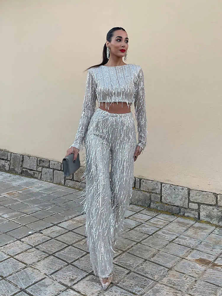 Emma | Dazzling Sequin Crop Top and Wide-Leg Pants Set