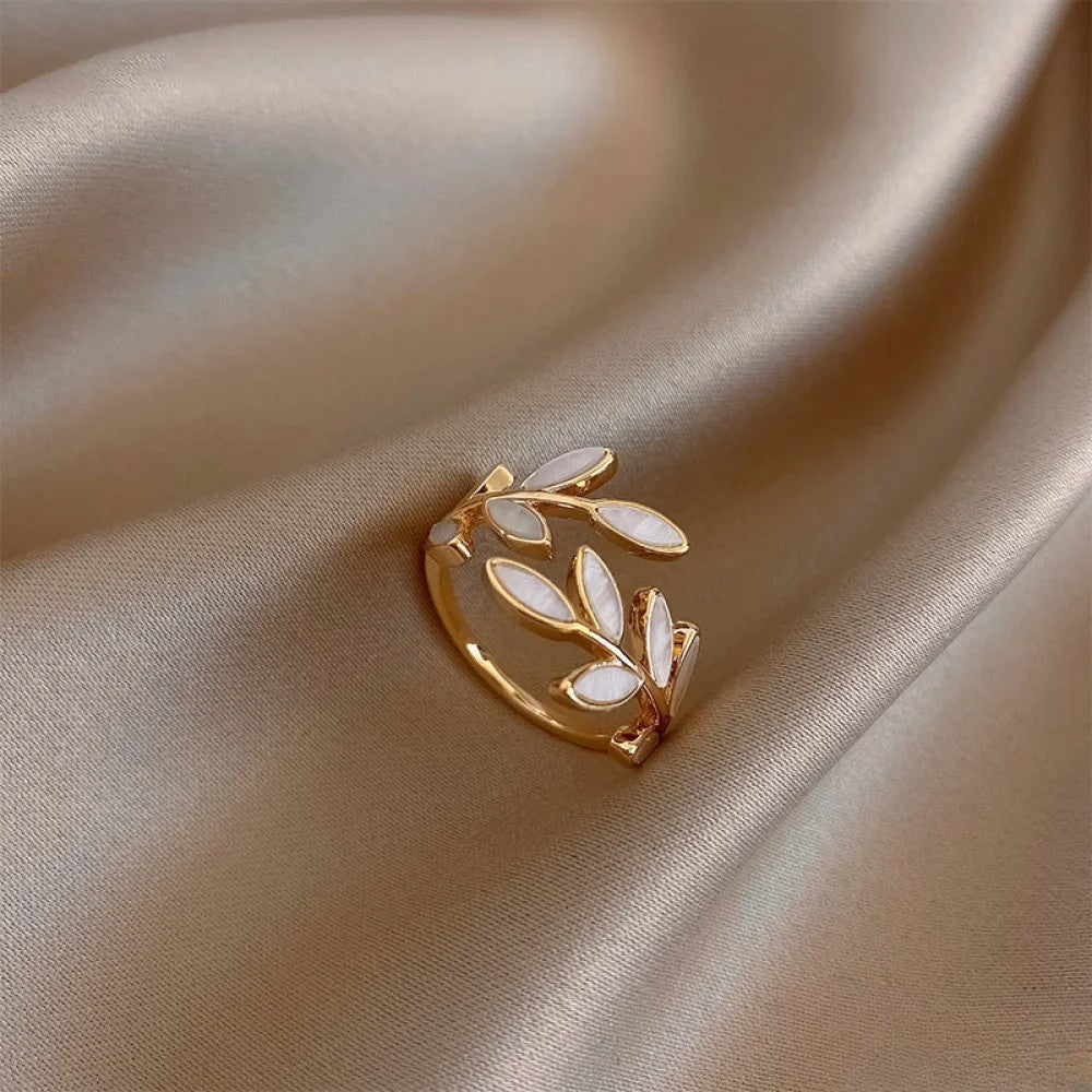 Adjustable Gold Ring With White Opal Leaf