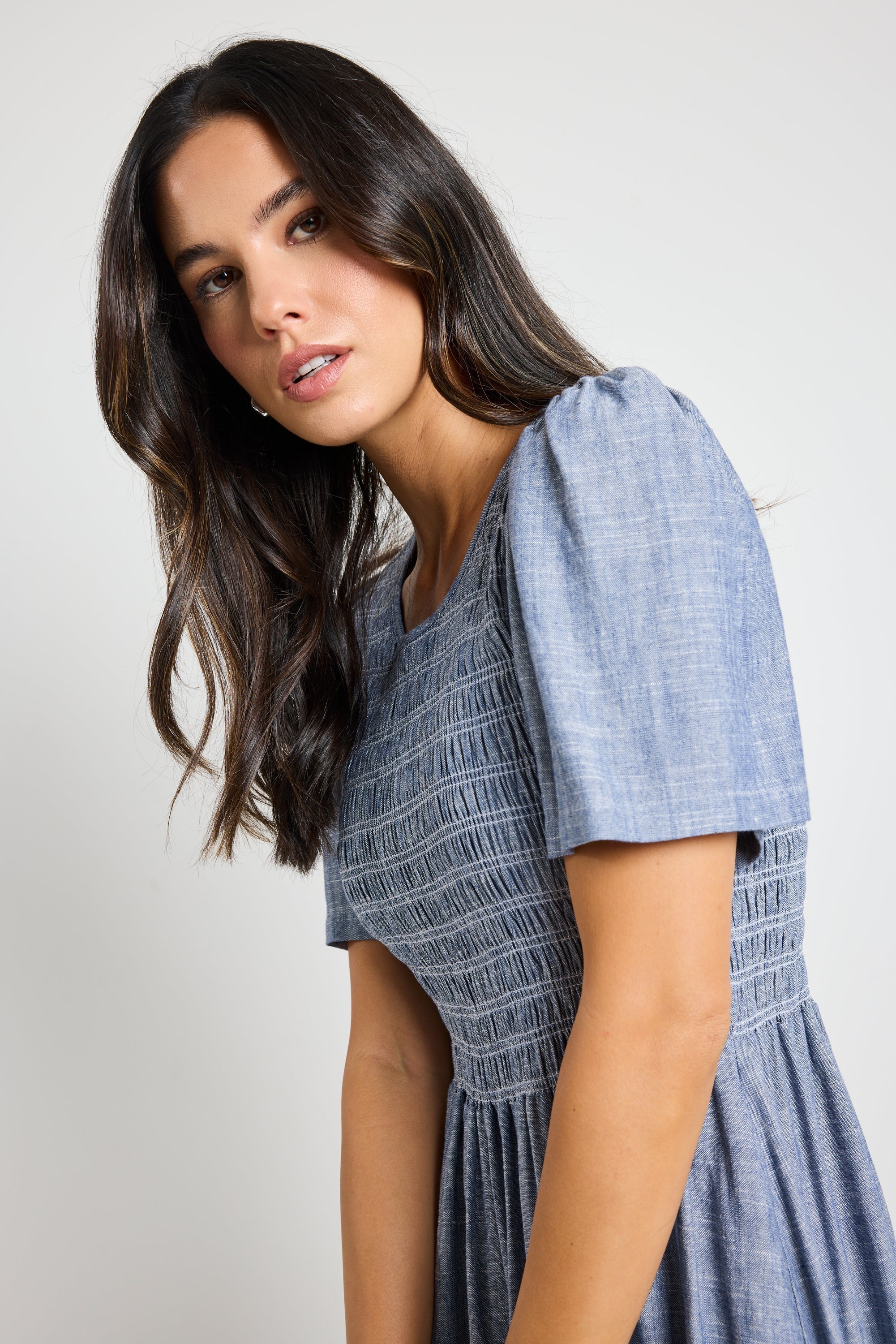 Mia | Elegant Shirred Bodice Midi Dress