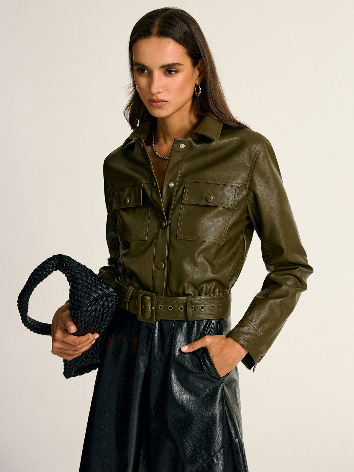 Mia | Stylish Belted Faux Leather Cargo Jacket
