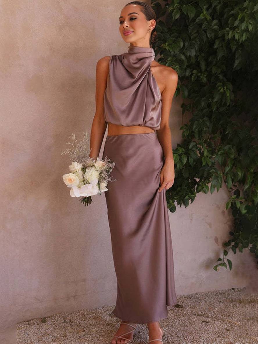 Sophia | Elegant Satin Two-Piece Set with Halter Top and Maxi Skirt