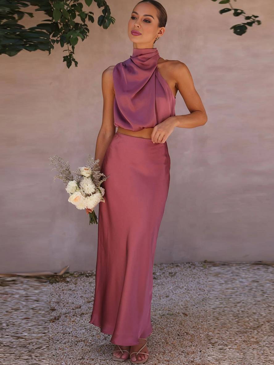 Sophia | Elegant Satin Two-Piece Set with Halter Top and Maxi Skirt